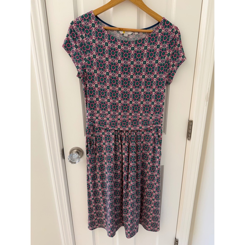 Boden Pink Green Floral Medallion Jersey Dress Pockets Size US 6R UK 10R